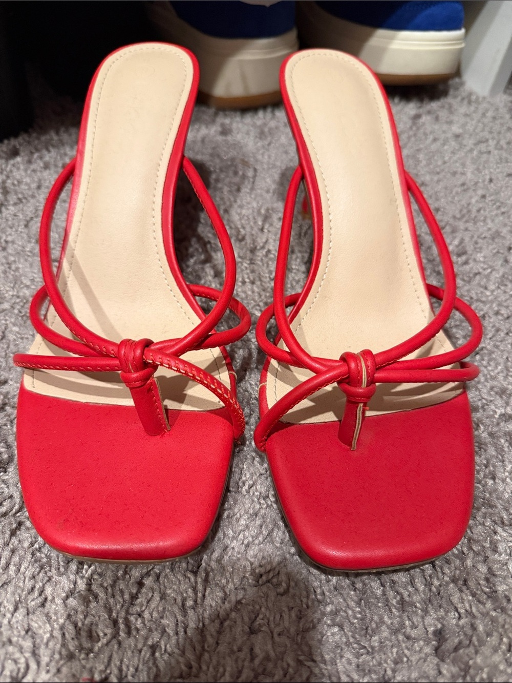Red Strappy Square-Toe Slide Heels - Women's